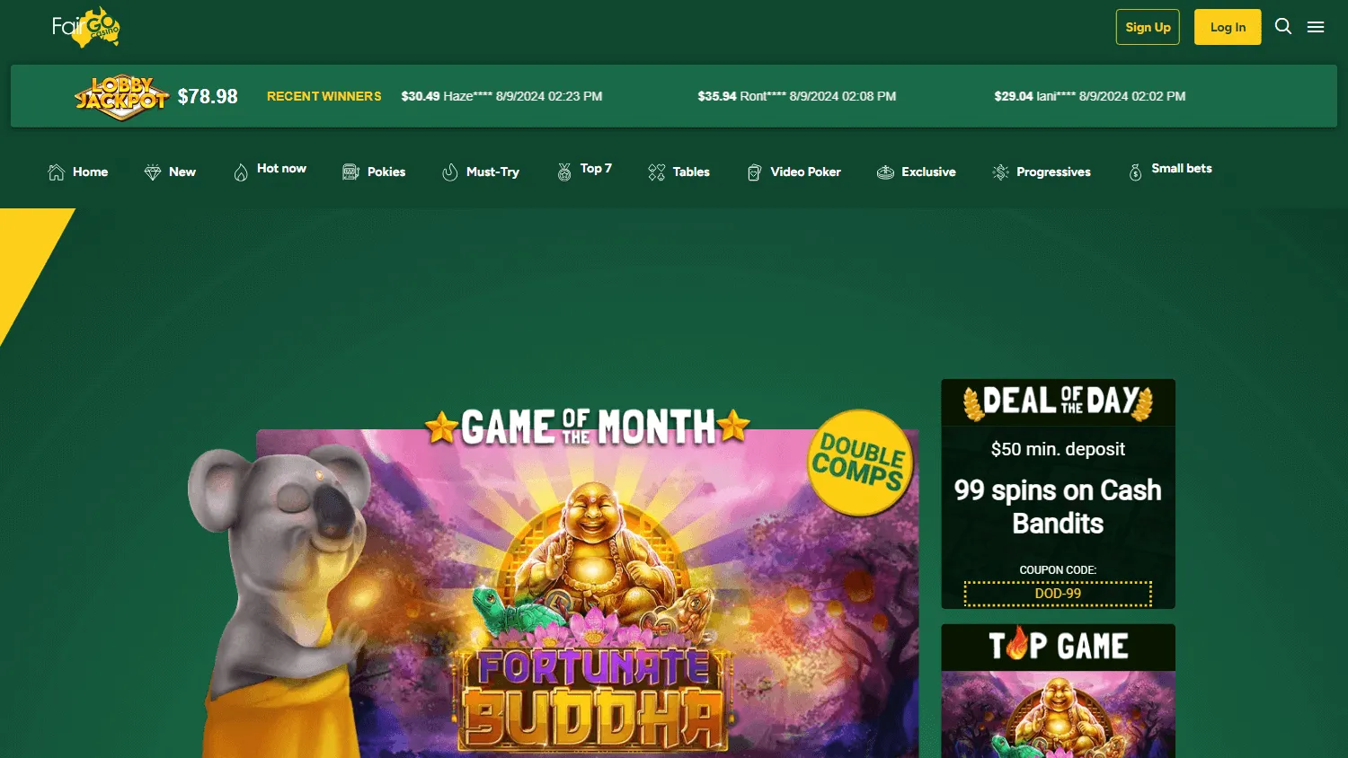 Fair Go Casino desktop home experience with AUD casino access