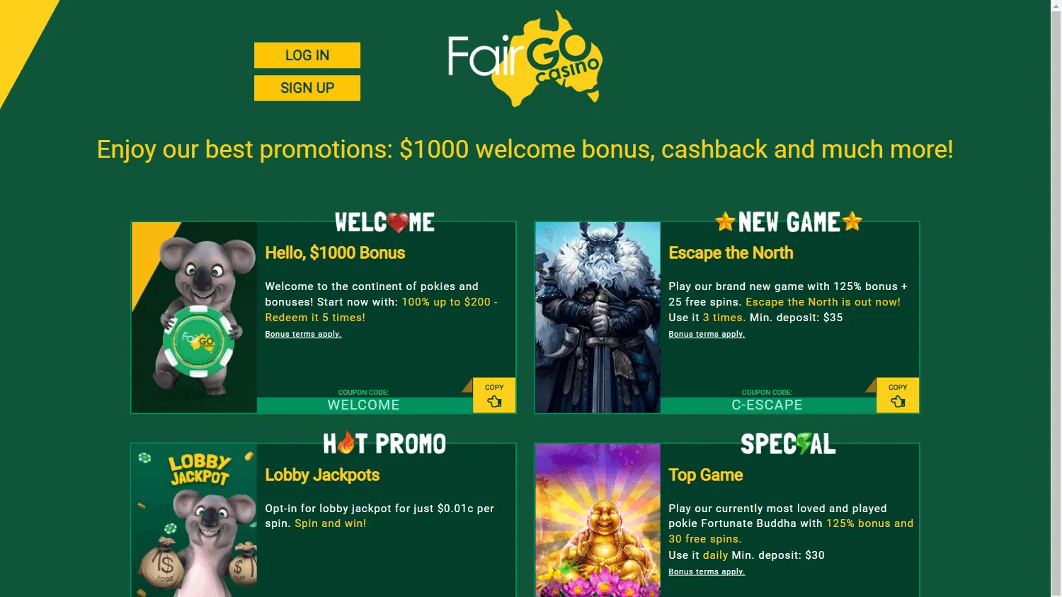 Fair Go Casino desktop promotions area with casino offers