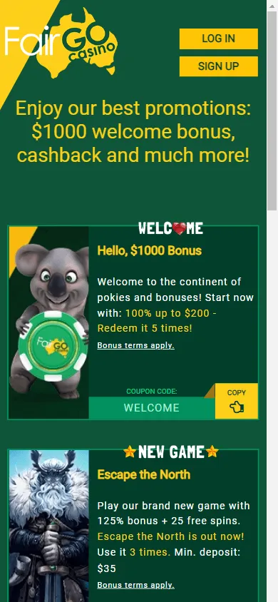 Fair Go Casino mobile promotions area with available offers