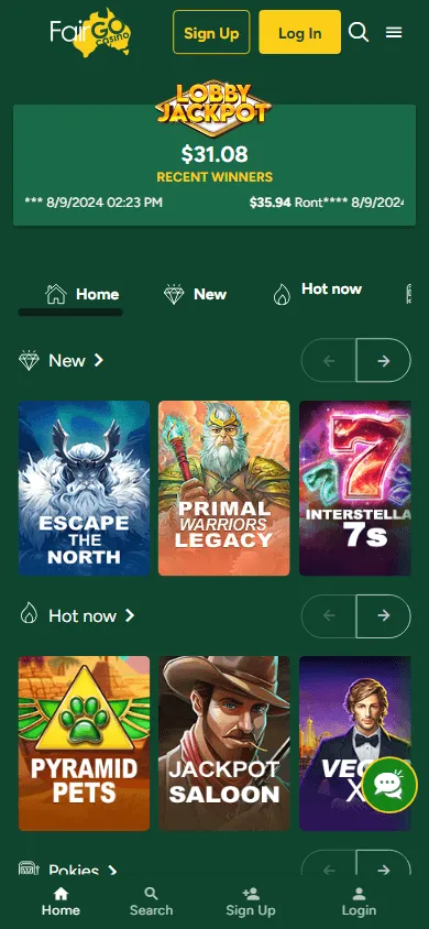 Fair Go Casino mobile browser home for iOS and Android